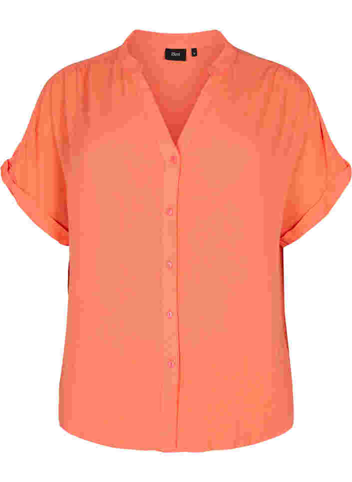 Kurzärmeliges Viskose-Shirt mit V-Ausschnitt, Living Coral, Packshot image number 0