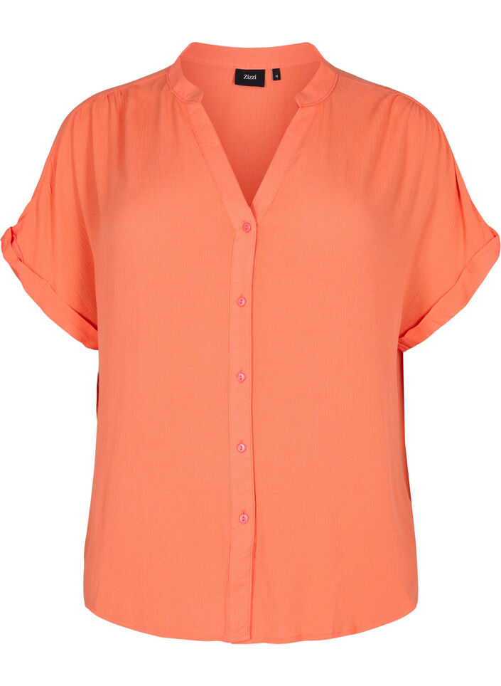 Kurzärmeliges Viskose-Shirt mit V-Ausschnitt, Living Coral, Packshot image number 0