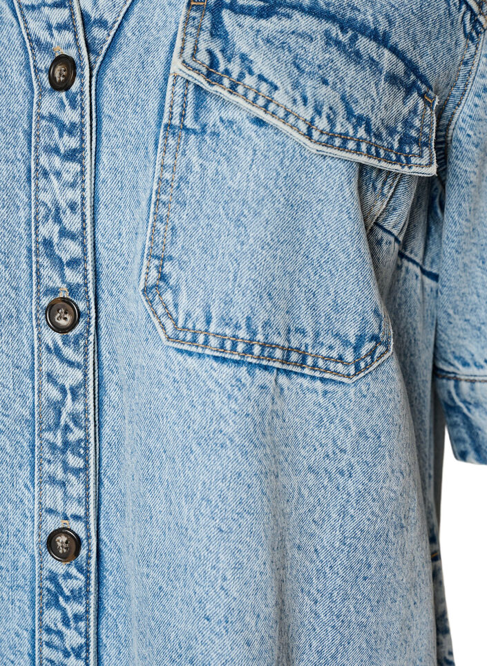 Kurz&auml;rmeliges Denimkleid mit Kragen und Knopfleiste, Blau, Packshot image number 2