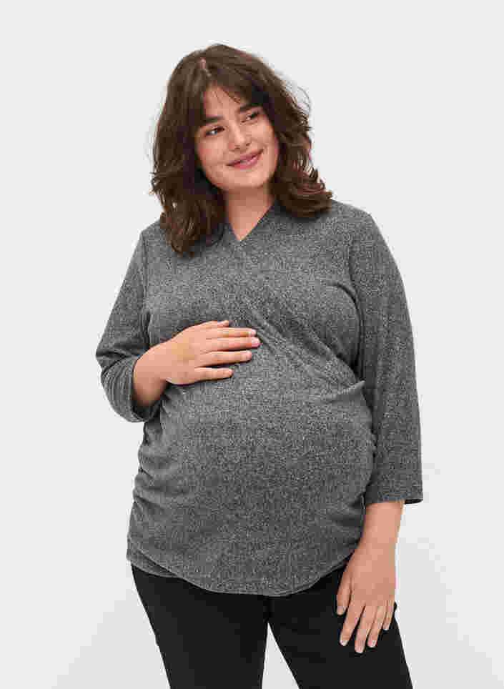 Schwangerschaftsbluse mit 3/4-Ärmeln und V-Ausschnitt, Dark Grey Melange, Model image number 0
