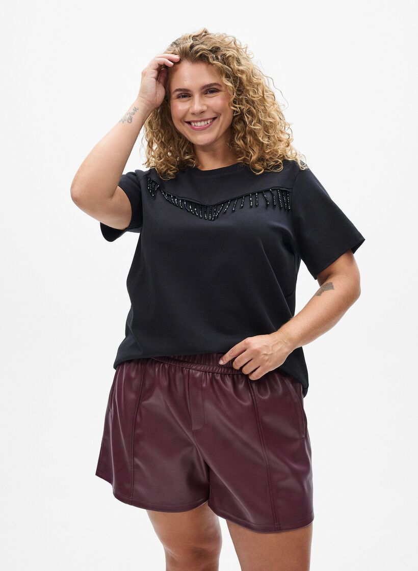 Shorts aus Kunstleder mit elastischem Bund, Dunkles Bordeaux, Model image number 0