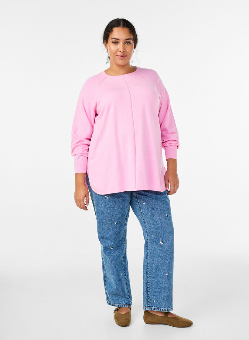 Strickbluse mit Rundhalsausschnitt und Strickmuster, Pink, Model image number 1