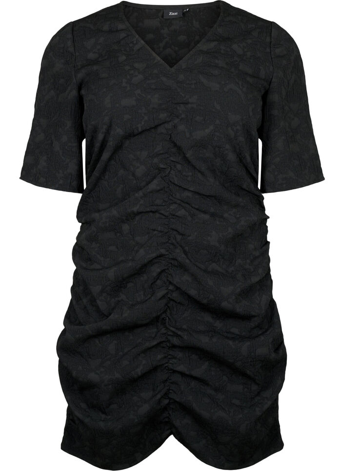 Kurzärmeliges Kleid mit strukturiertem Stoff und Drapierungen, Black, Packshot image number 0