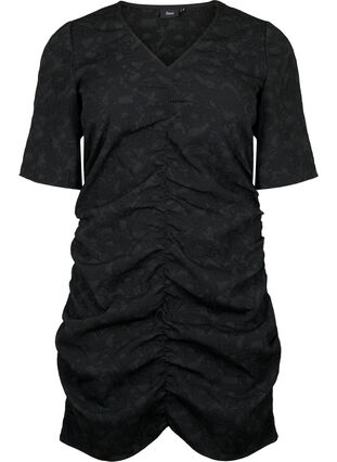Kurzärmeliges Kleid mit strukturiertem Stoff und Drapierungen, Black, Packshot image number 0