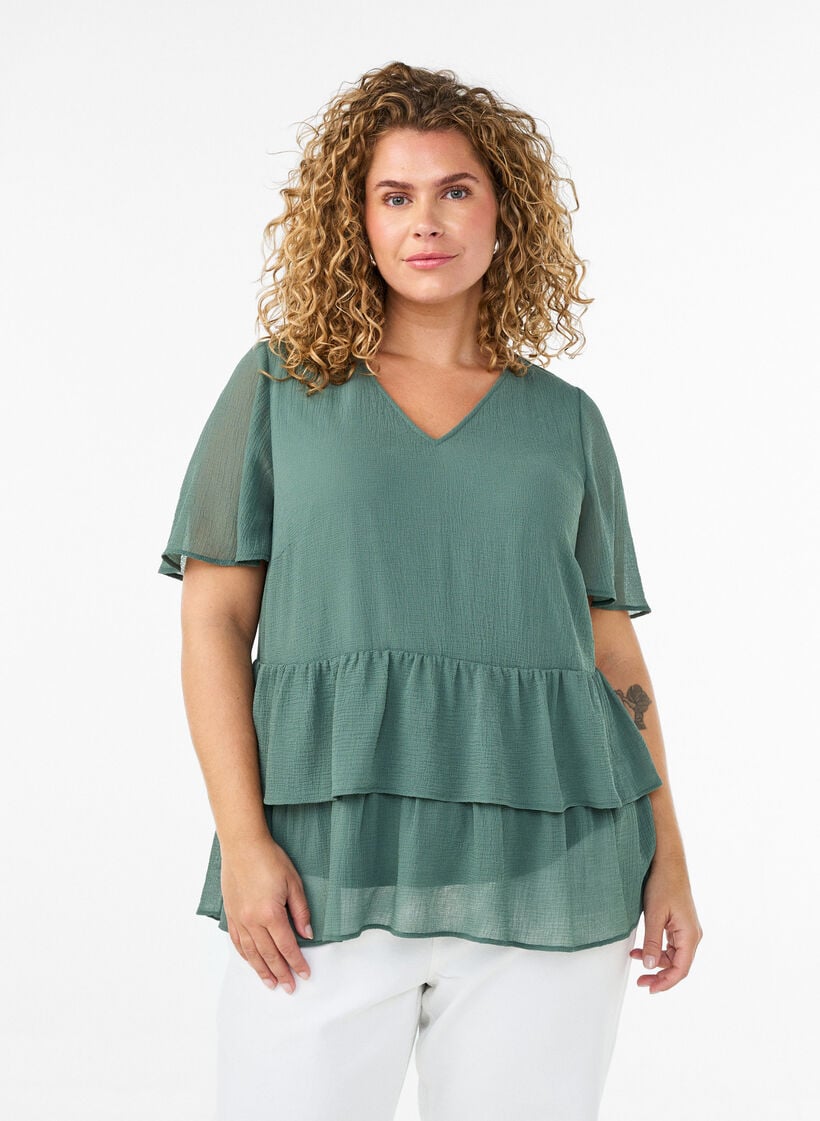 Bluse mit V-Ausschnitt und R&uuml;schen, Gr&uuml;n, Model image number 0