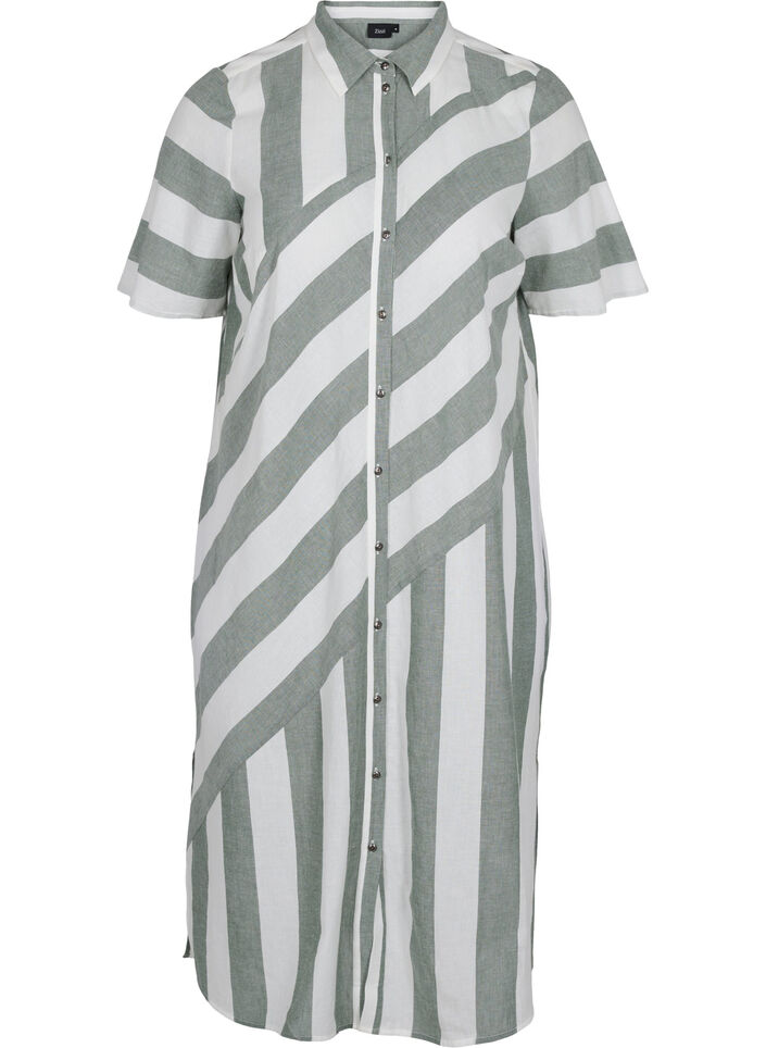 Kurzärmeliges Hemdkleid aus Baumwolle mit Streifen, Thyme Stripe, Packshot image number 0