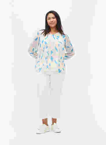 Geblümte Bluse mit langen Ärmeln und V-Ausschnitt, White/Pastel Leaf, Model image number 2