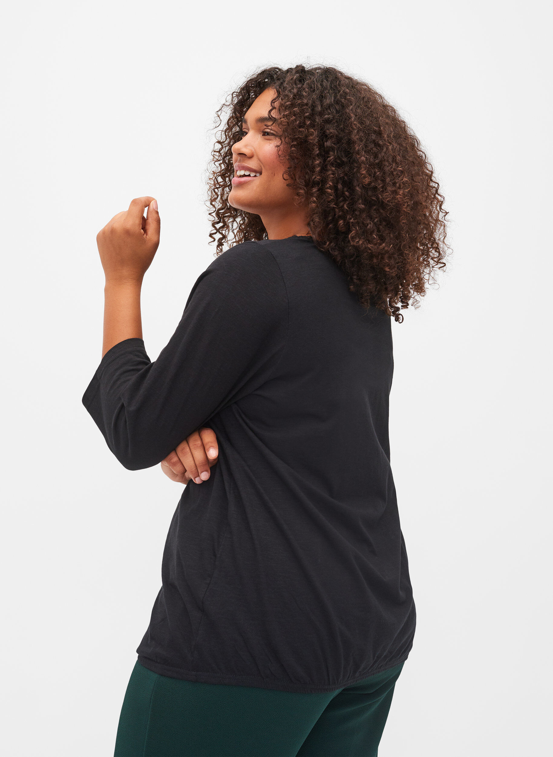 Zizzi Baumwollbluse mit 3/4 &Auml;rmeln, Black, Model image number 1