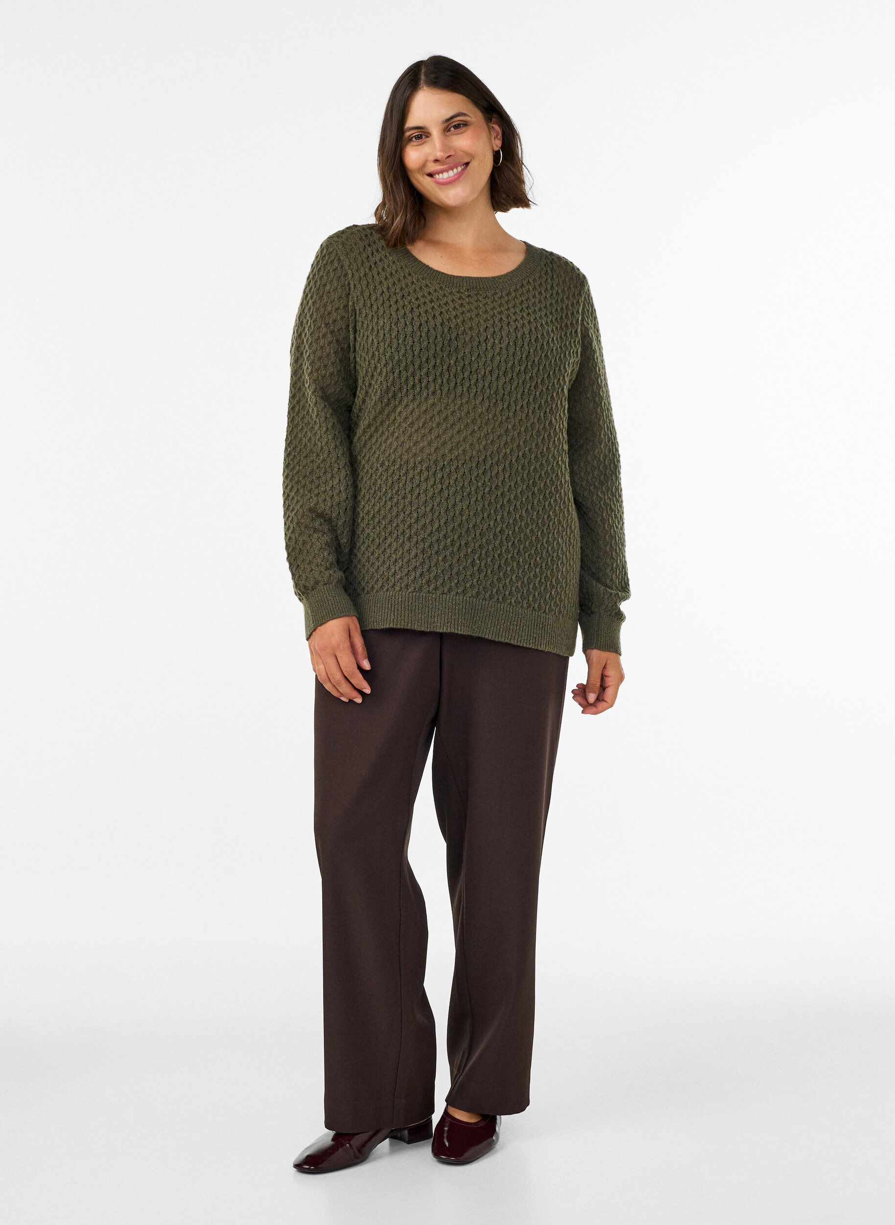 ZizziStrickbluse mit strukturiertem Lochmuster, Gr&uuml;n, Model image number 1