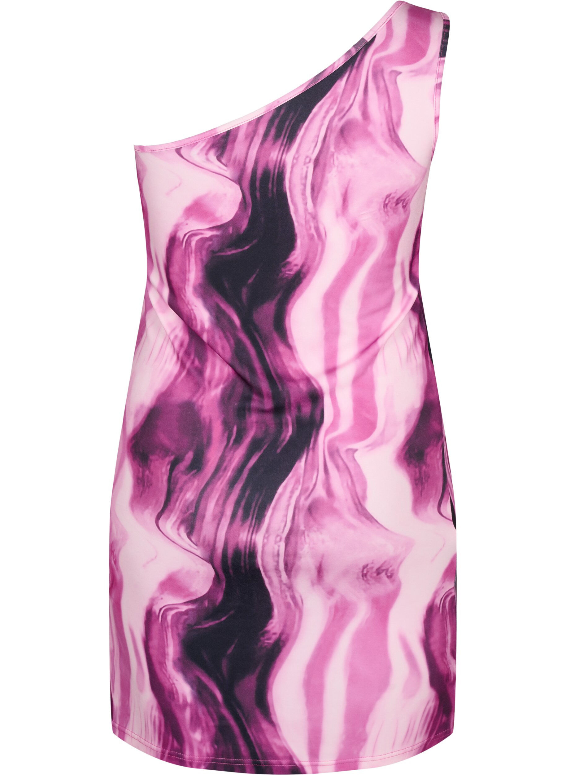 Zizzi Eng anliegendes One-Shoulder Kleid mit Print, Raspberry Rose AOP, Packshot image number 1
