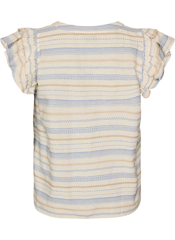 &Auml;rmellose Bluse mit R&uuml;schen und gemusterten Streifen, Vanille, Packshot image number 1