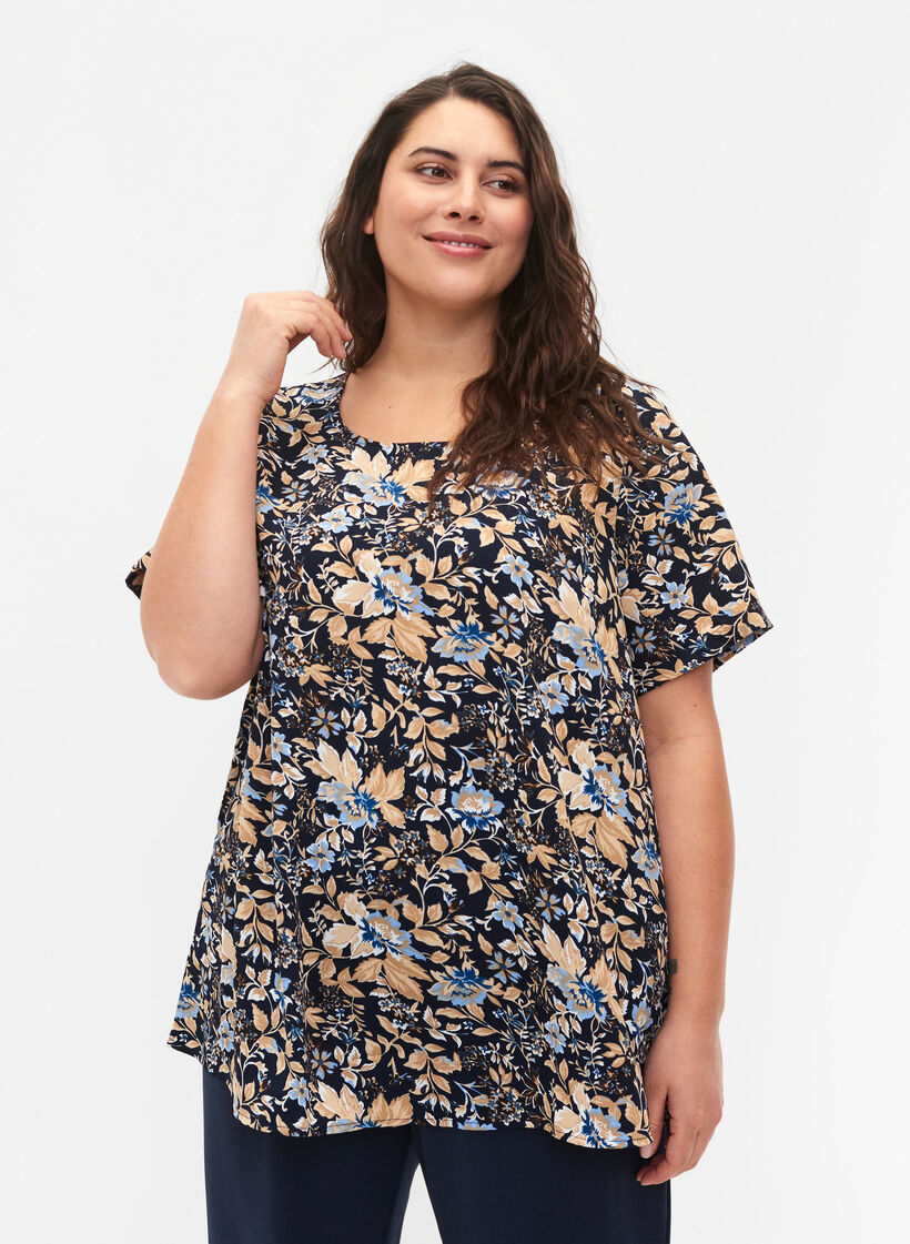 FLASH - Bluse mit kurzen Ärmeln und Print, Brown Blue Flower, Model image number 0