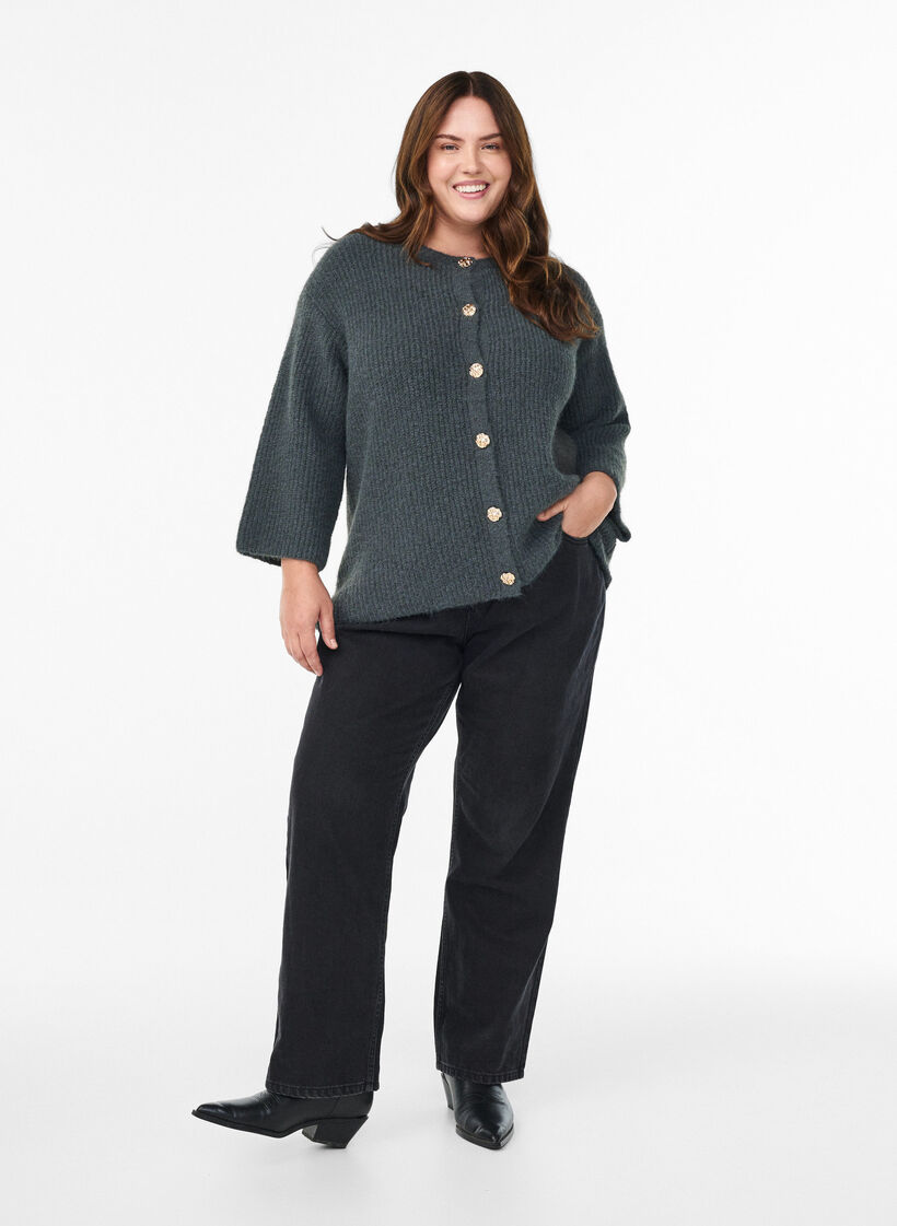 Kurzer Cardigan mit 3/4-Ärmeln und goldenen, strukturierten Knöpfen, Grün, Model image number 1