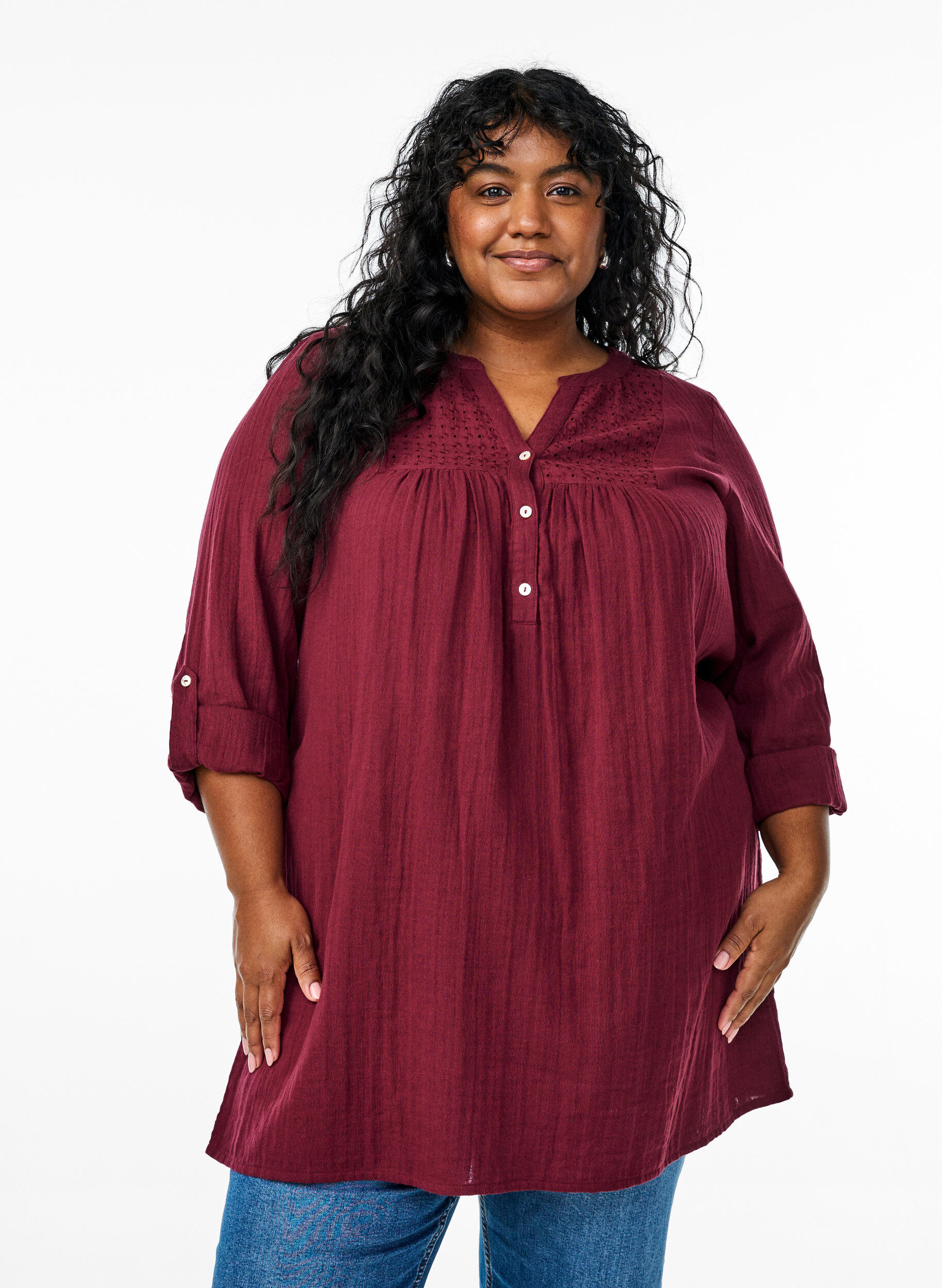 ZizziTunika aus Baumwollmusselin mit Broderie Anglaise, Dunkles Bordeaux, Model image number 0