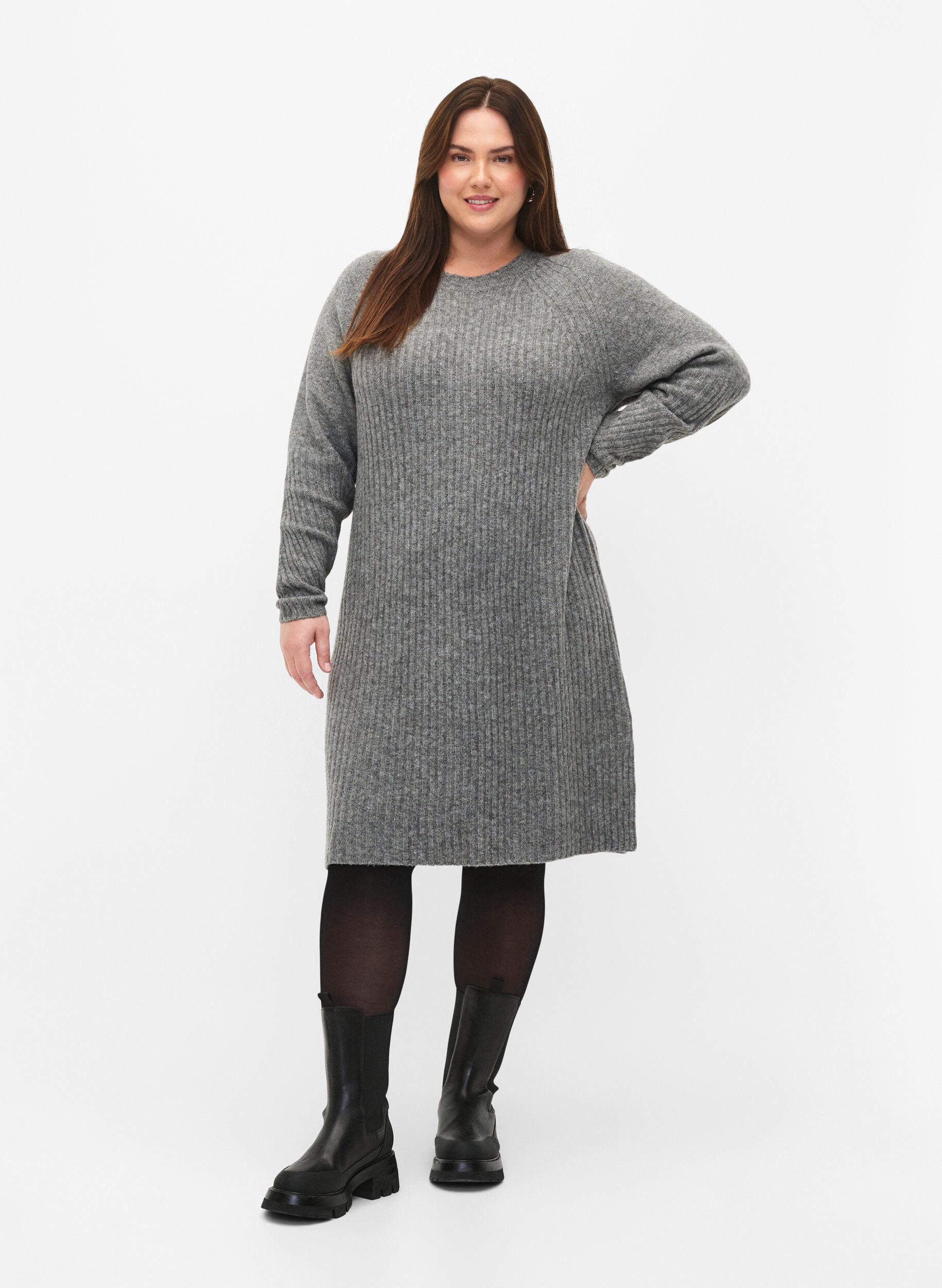 Zizzi Rippstrickkleid mit Schlitz, Light Grey Melange, Model image number 2