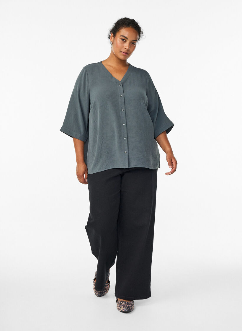 Bluse mit V-Ausschnitt und 3/4-&Auml;rmeln, Gr&uuml;n, Model image number 1