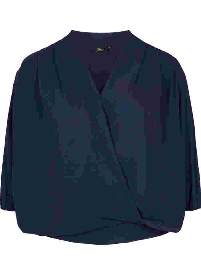 Bluse mit Wickel-Look, V-Ausschnitt und 3/4-Ärmel, Navy Blazer, Packshot image number 0