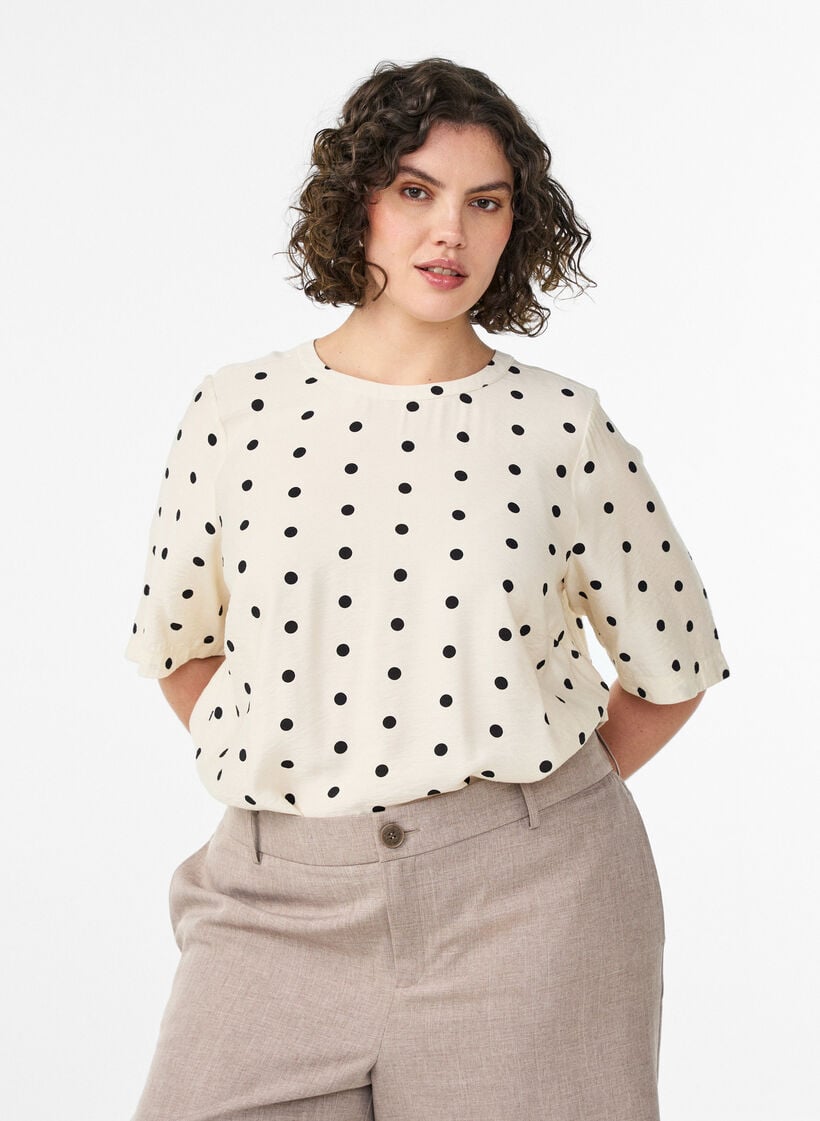 Bluse aus Viskose mit Punkten und 1/2-&Auml;rmeln, Vanille, Model image number 0