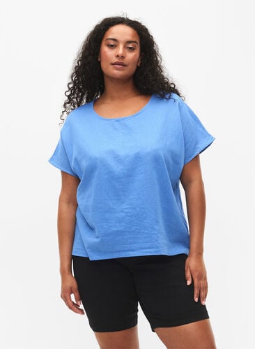 Kurzärmelige Bluse aus Baumwollmischung mit Leinen, Ultramarine, Model image number 0