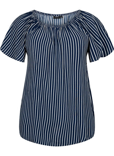 Gestreifte Bluse aus Viskose mit kurzen Ärmeln, Navy B./White Stripe, Packshot image number 0