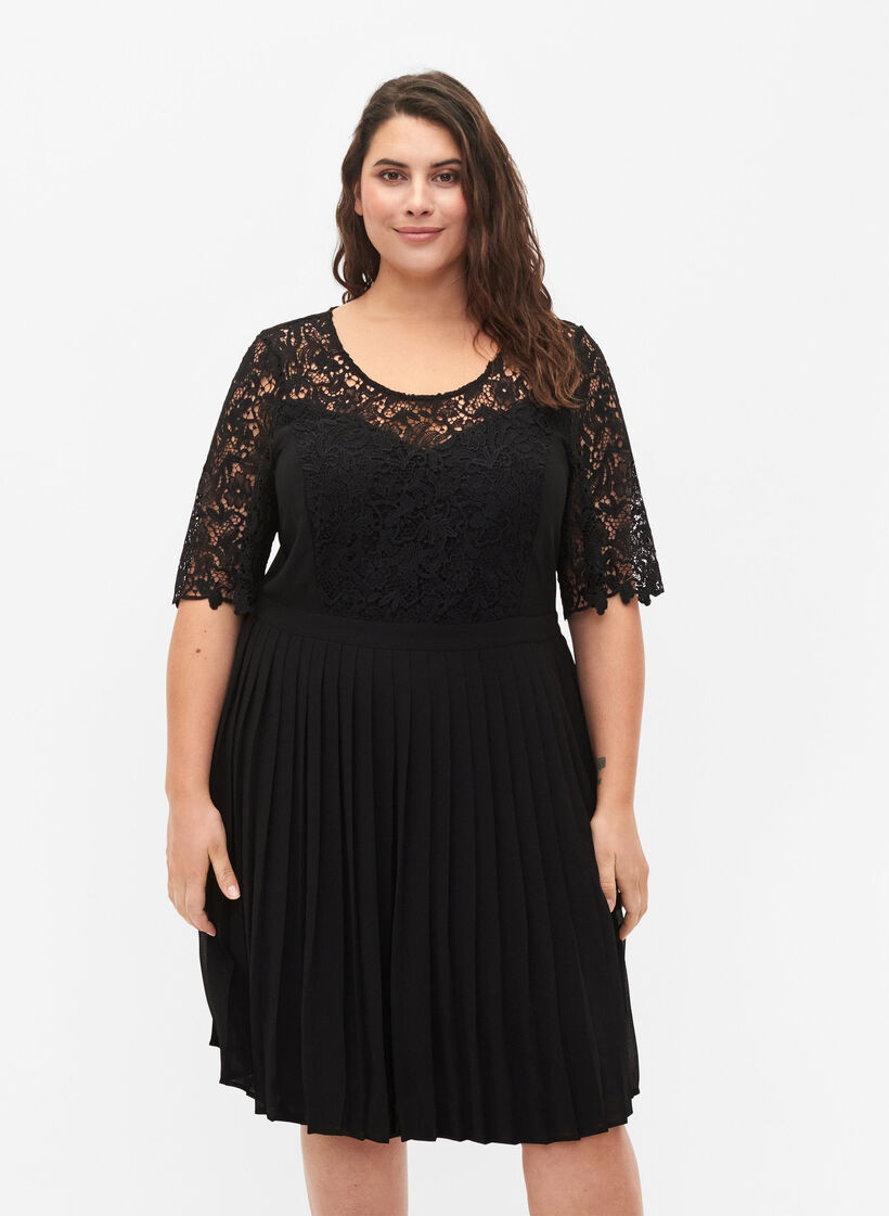 Kurzärmeliges Kleid mit Spitzenoberteil, Black, Model image number 0