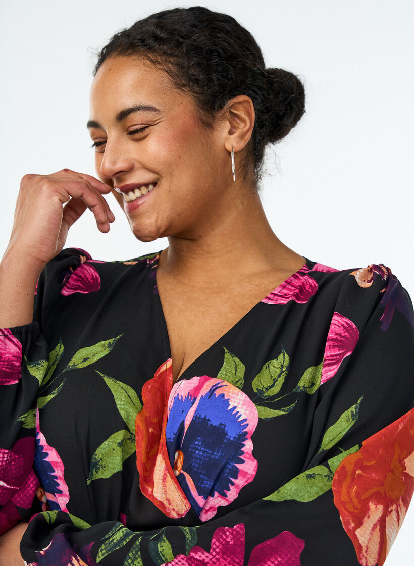 Maxikleid mit Wickelausschnitt und langen &Auml;rmeln, Schwarz, Model image number 2