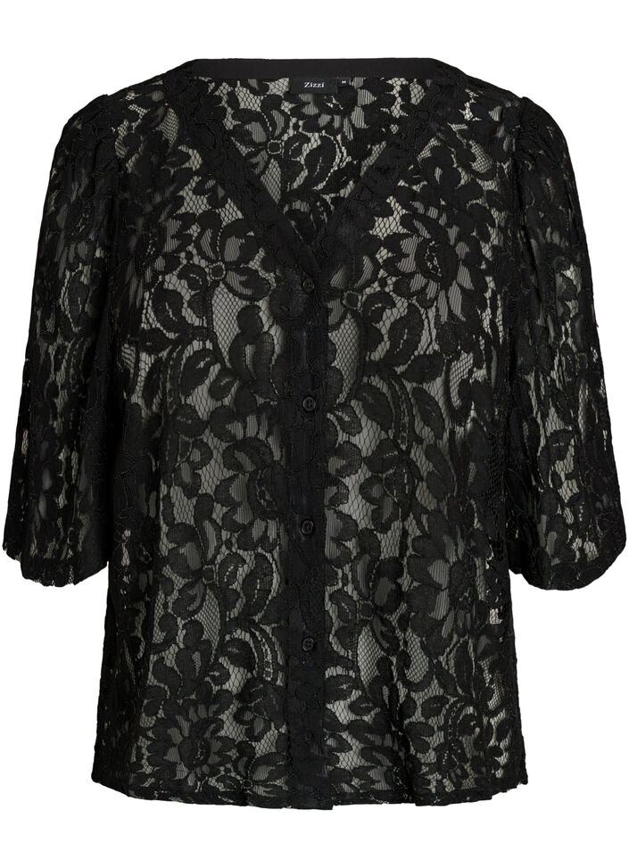 Kurz&auml;rmelige Spitzenbluse mit V-Ausschnitt, Schwarz, Packshot image number 0