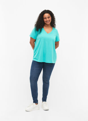 Kurzärmeliges T-Shirt mit V-Ausschnitt, Turquoise, Model image number 2
