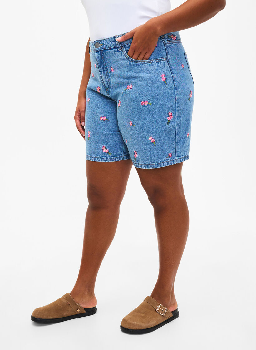 Denim-Shorts mit aufgestickten Blumen, Blau, Model image number 3