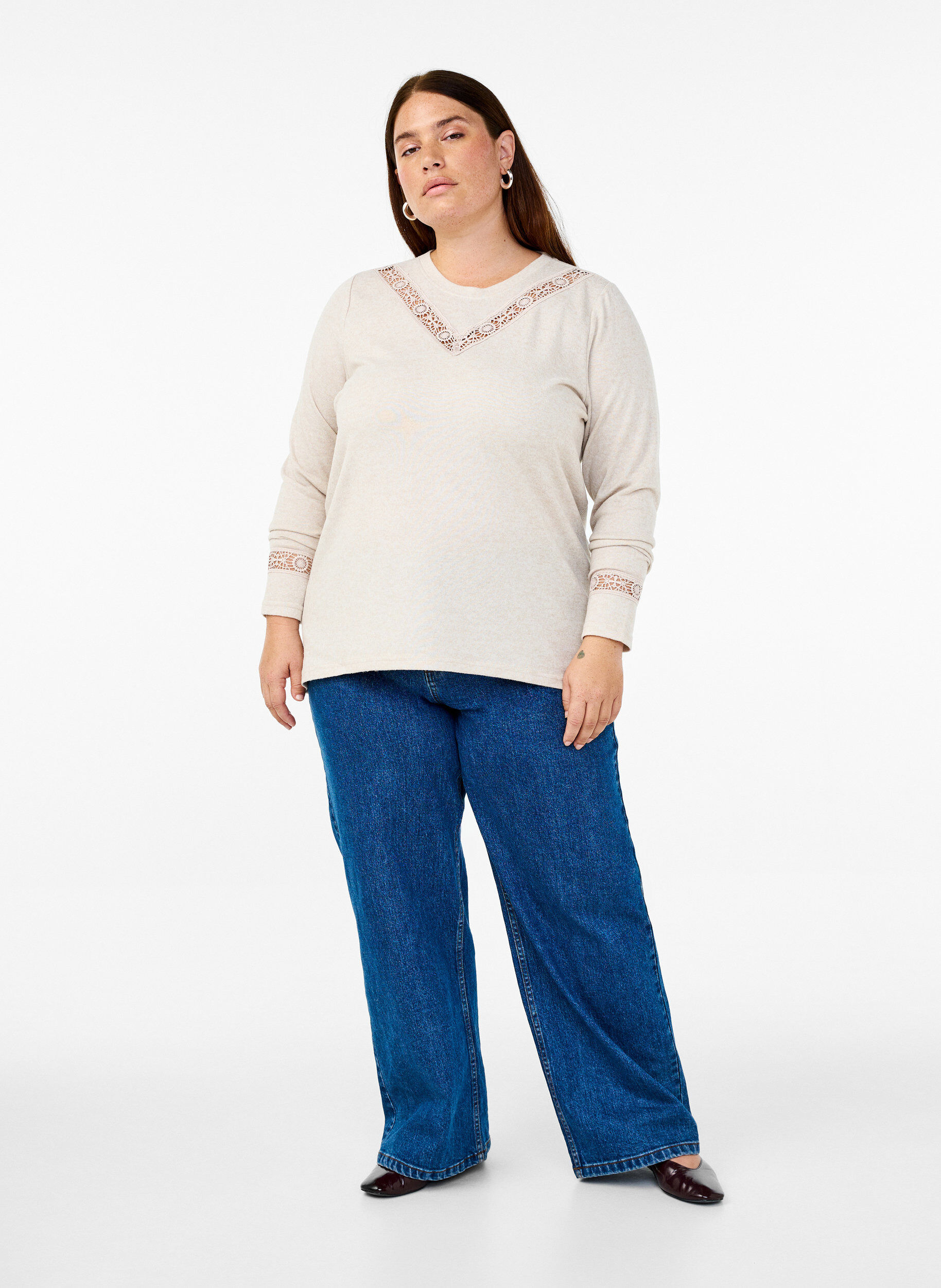 Zizzi Bluse mit Stickereidetails und langen &Auml;rmeln, Beige, Model image number 1