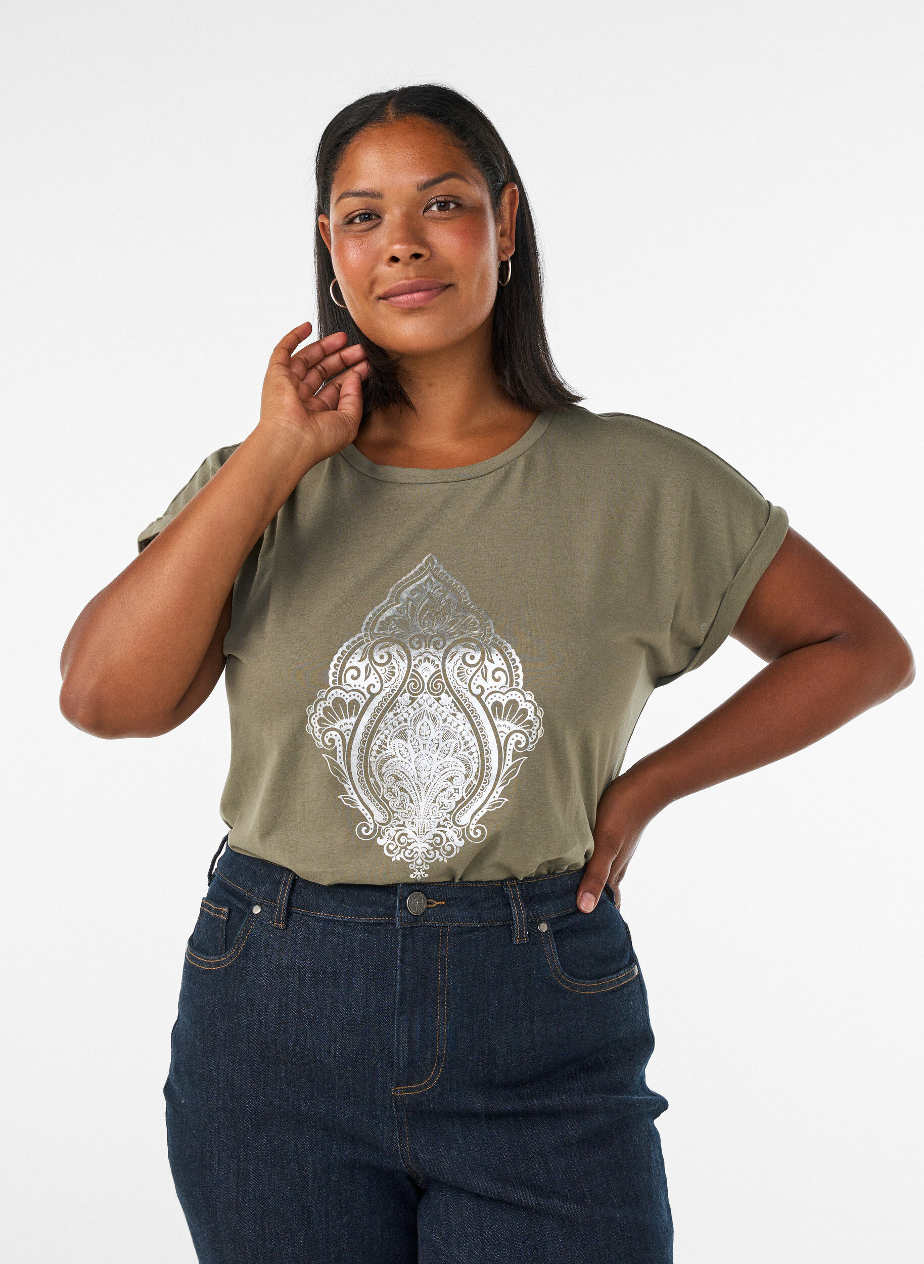 ZizziT-Shirt mit dekorativem Frontprint, Gr&uuml;n, Model image number 0