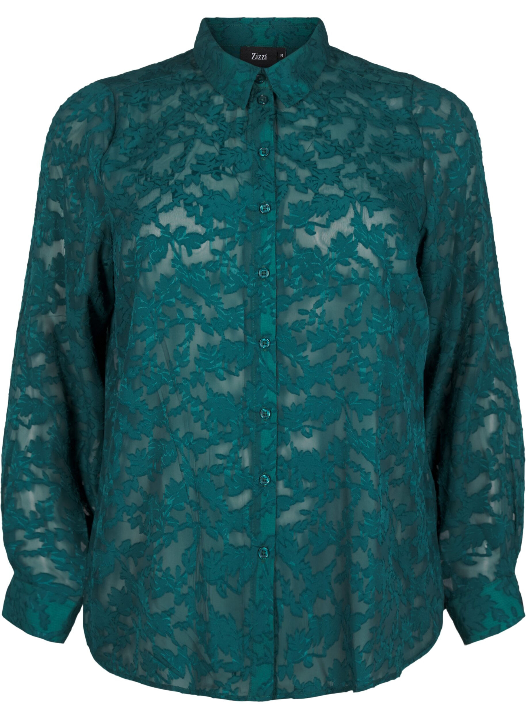 Zizzi Jacquard-Bluse mit Kn&ouml;pfen, Rain Forest, Packshot image number 0