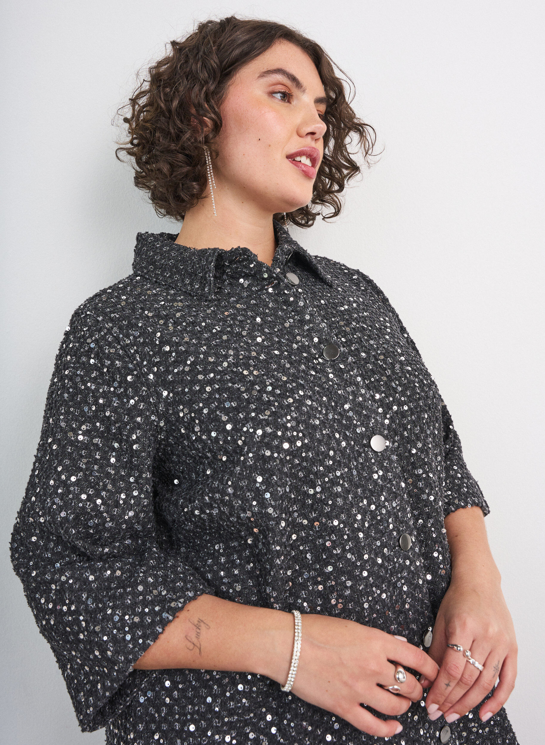 ZizziKleid aus Denim mit Pailletten und 3/4-&Auml;rmeln, Schwarz, Model image number 3