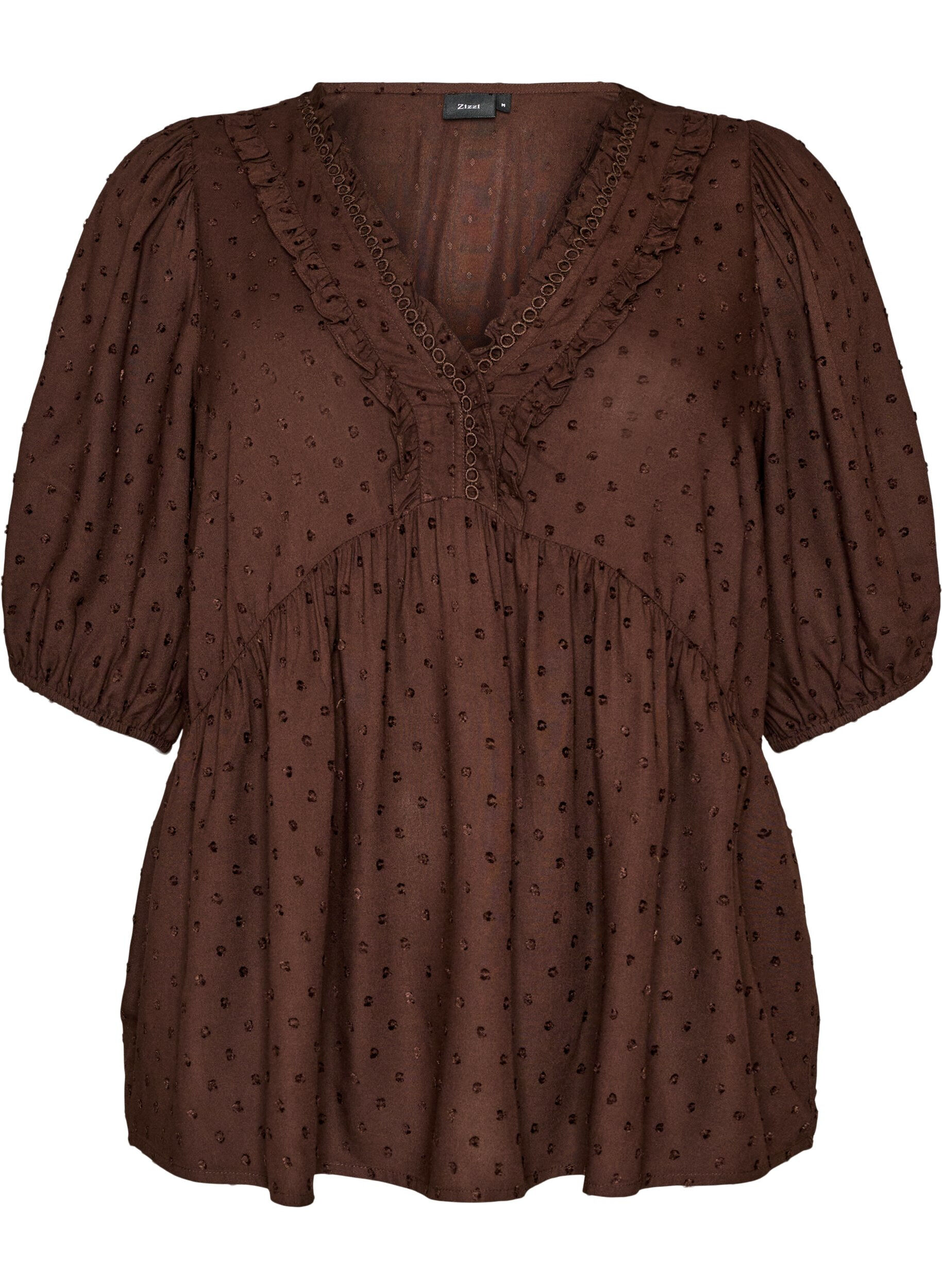 ZizziBluse aus Viskose mit gepunkteter Struktur und V-Ausschnitt, Braun, Packshot image number 0