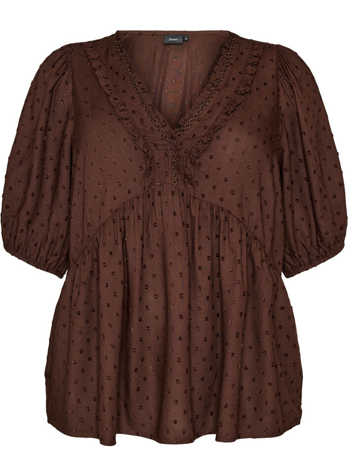 Bluse aus Viskose mit gepunkteter Struktur und V-Ausschnitt, Braun, Packshot image number 0