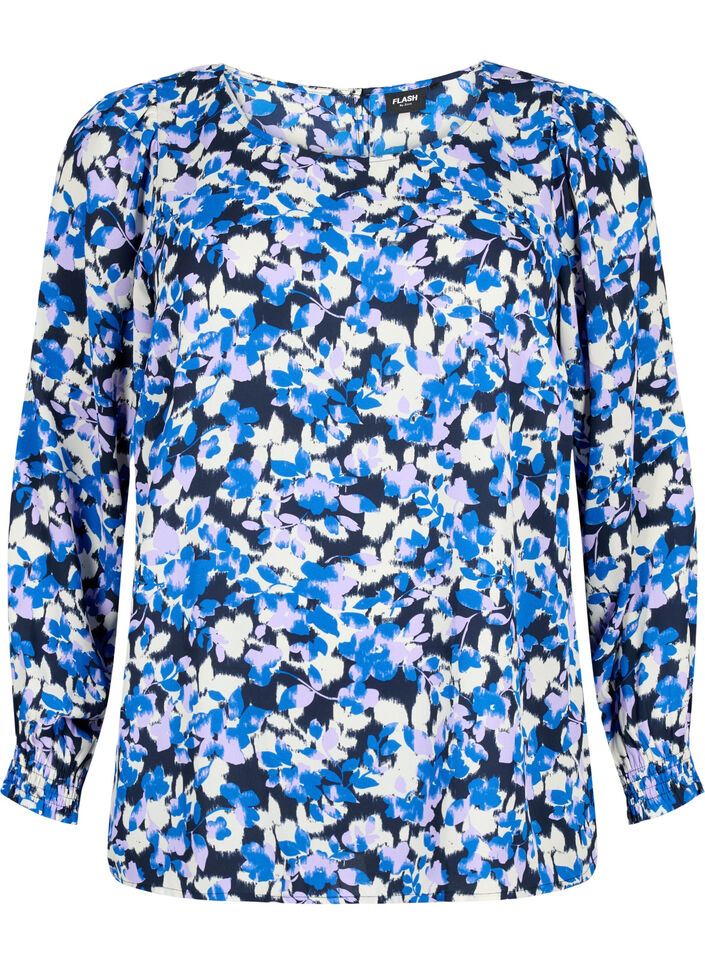 FLASH - Langärmelige Bluse gesmokt und bedruckt, Blue Purple Flower, Packshot image number 0