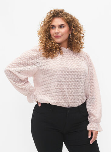 Langärmelige Bluse mit gemusterter Textur, Whisper Pink, Model image number 0