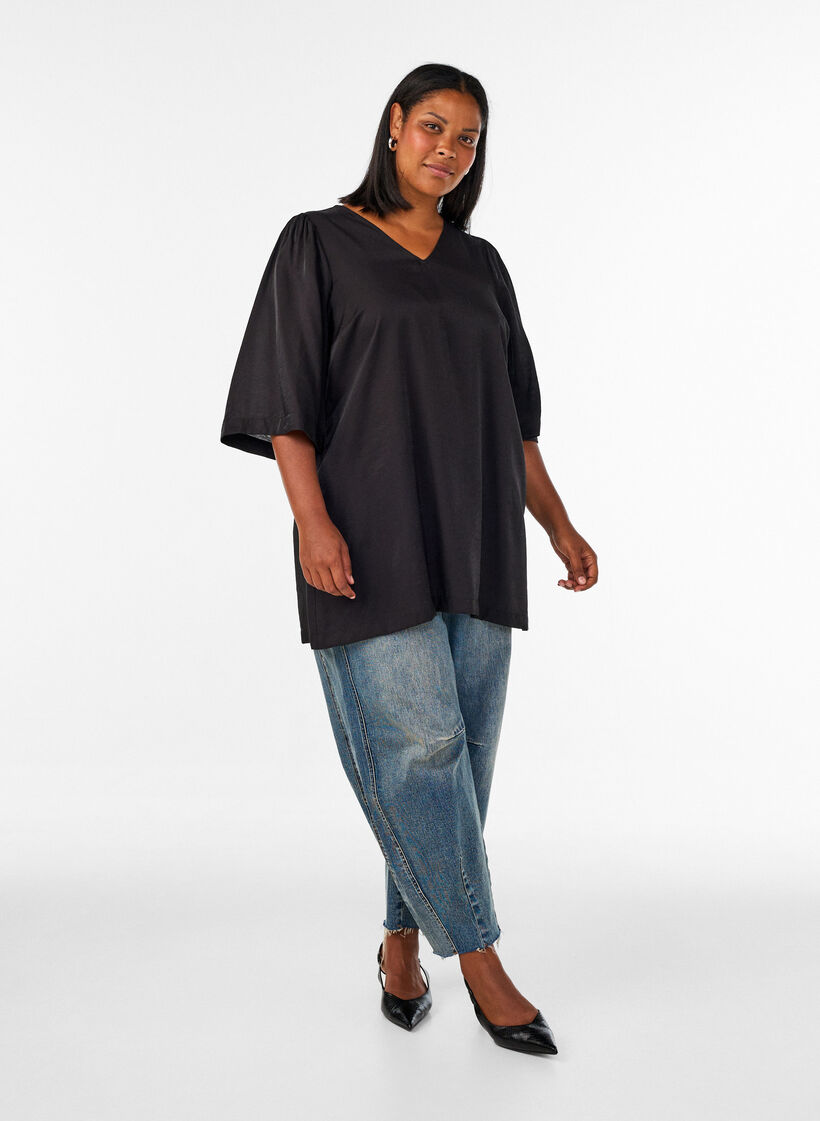 Gl&auml;nzende Tunika mit V-Ausschnitt und 3/4-&Auml;rmeln, Schwarz, Model image number 1