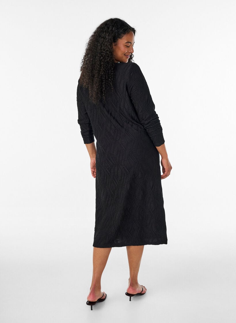 Midikleid mit gewellter Struktur und langen &Auml;rmeln, Schwarz, Model image number 1