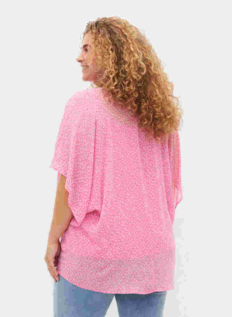 Kurzarm Bluse mit Bindeschnüren und Print , Pink Ditzy Flower, Model image number 1
