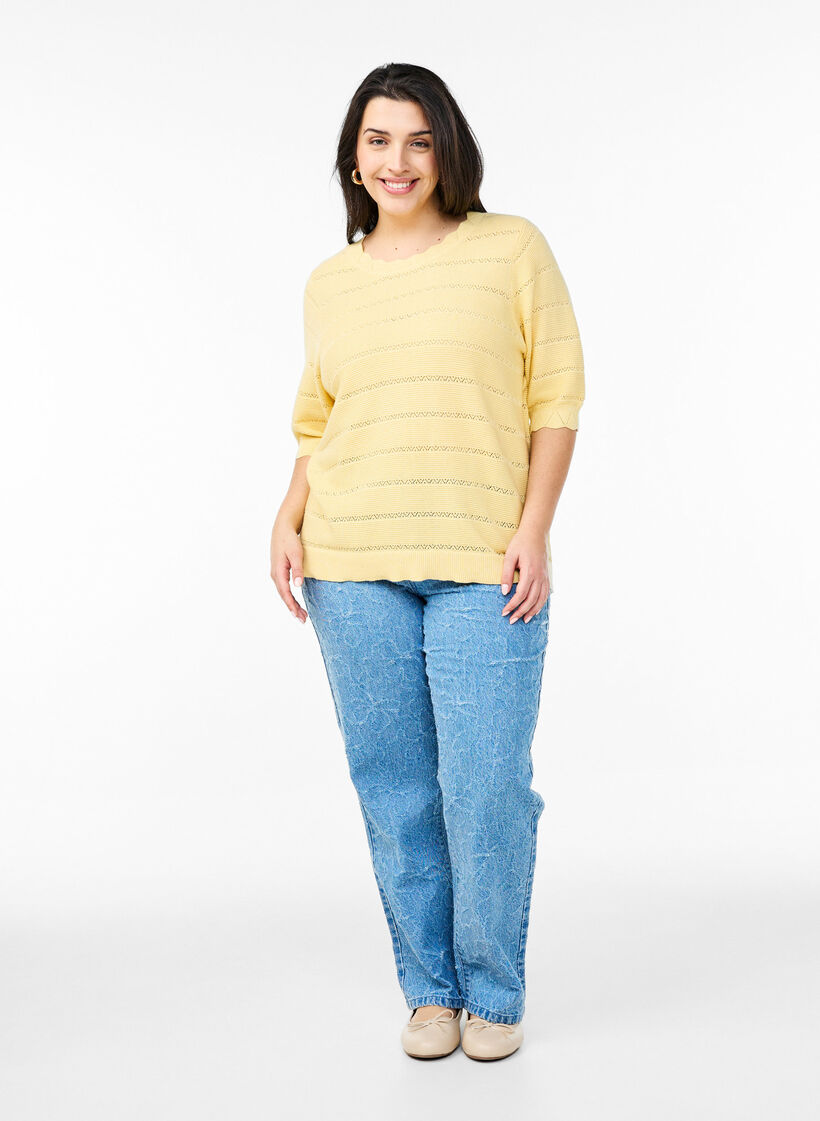 Gestrickte Bluse mit Lochmuster in Streifenoptik und kurzen Ärmeln, Gelb, Model image number 1
