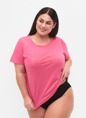 Baumwoll-T-Shirt mit Aufdruck und kurzen Ärmeln, Hot Pink Create, Model image number 0