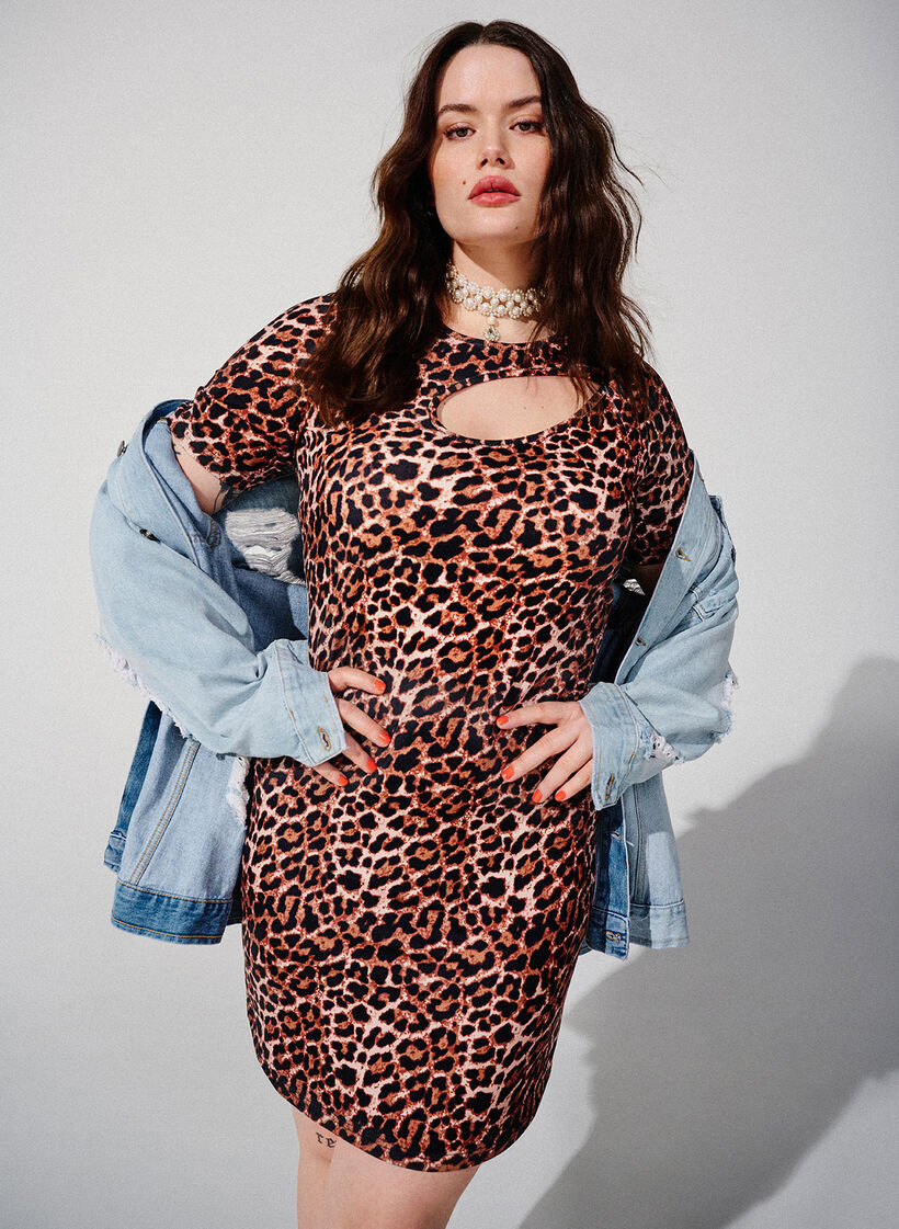 Eng anliegendes Kleid mit Leopardenmuster und Cut-Out, Leopard AOP, Image
