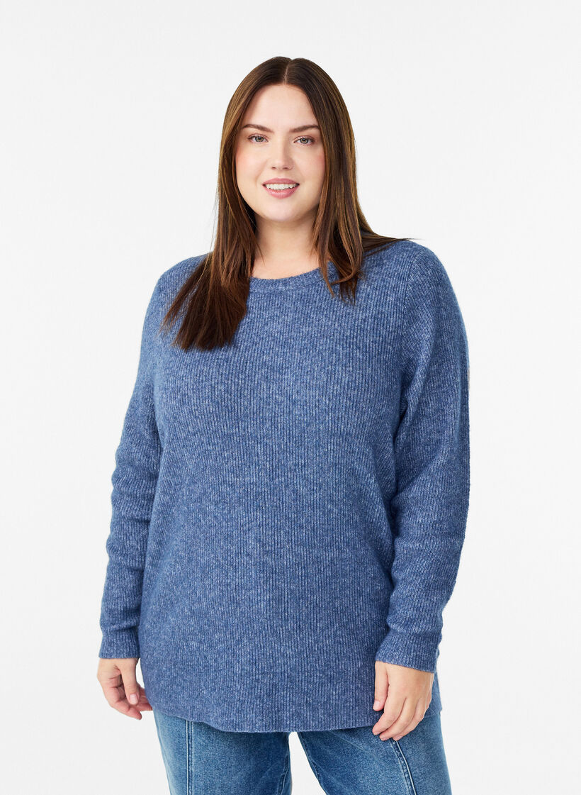 Melierte Strickbluse mit Rundhalsausschnitt, Blau, Model image number 0