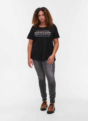 Kurzarm T-Shirt aus Baumwolle mit Aufdruck, Black/Magnificent, Model image number 2