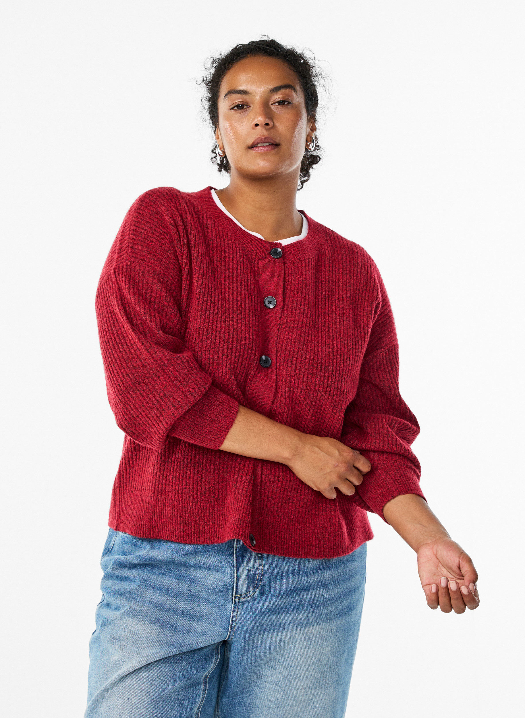 ZizziRippenstrick Strickjacke mit Kn&ouml;pfen, Rot, Model image number 0