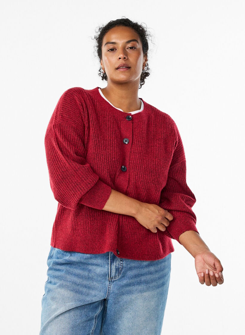 Rippenstrick Strickjacke mit Kn&ouml;pfen, Rot, Model image number 0