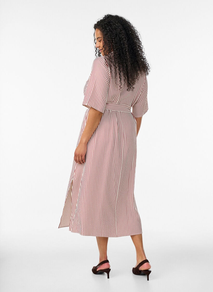 Kn&ouml;chellanges Hemdblusenkleid mit Bindeg&uuml;rtel und Streifen, Rot, Model image number 1