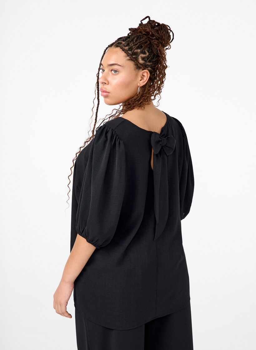 Bluse mit kurzem Arm und Schleife hinten, Black, Model image number 1