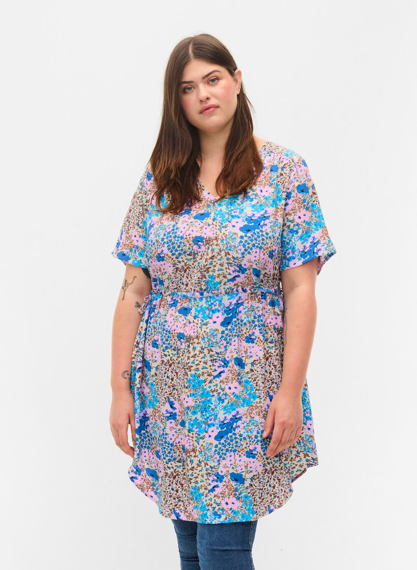 Gemustertes Kleid mit Schnüren Details, Blue Rose Flower, Model